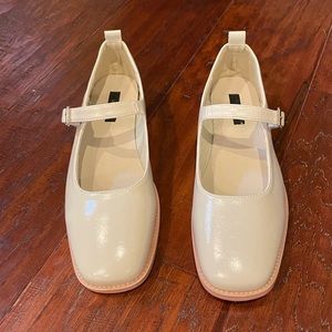 beige cream ankle strap block heel mary jane flats